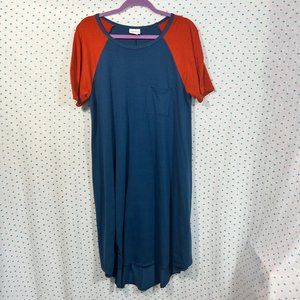 LulaRoe Blue & Orange Baseball Tee Tunic Midi Dress